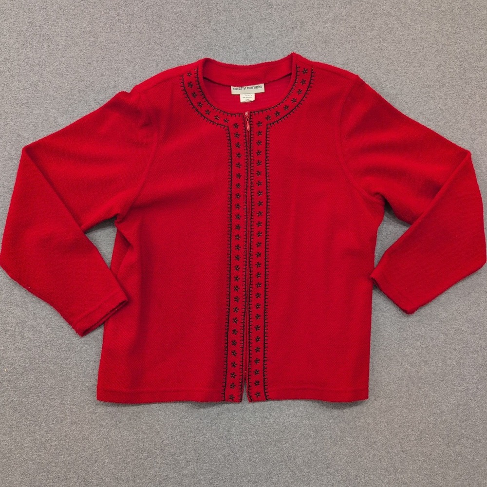 Cathy Daniels Red Knit Embroidered Zip Front Cardigan Women's Size Large - Picture 1 of 4